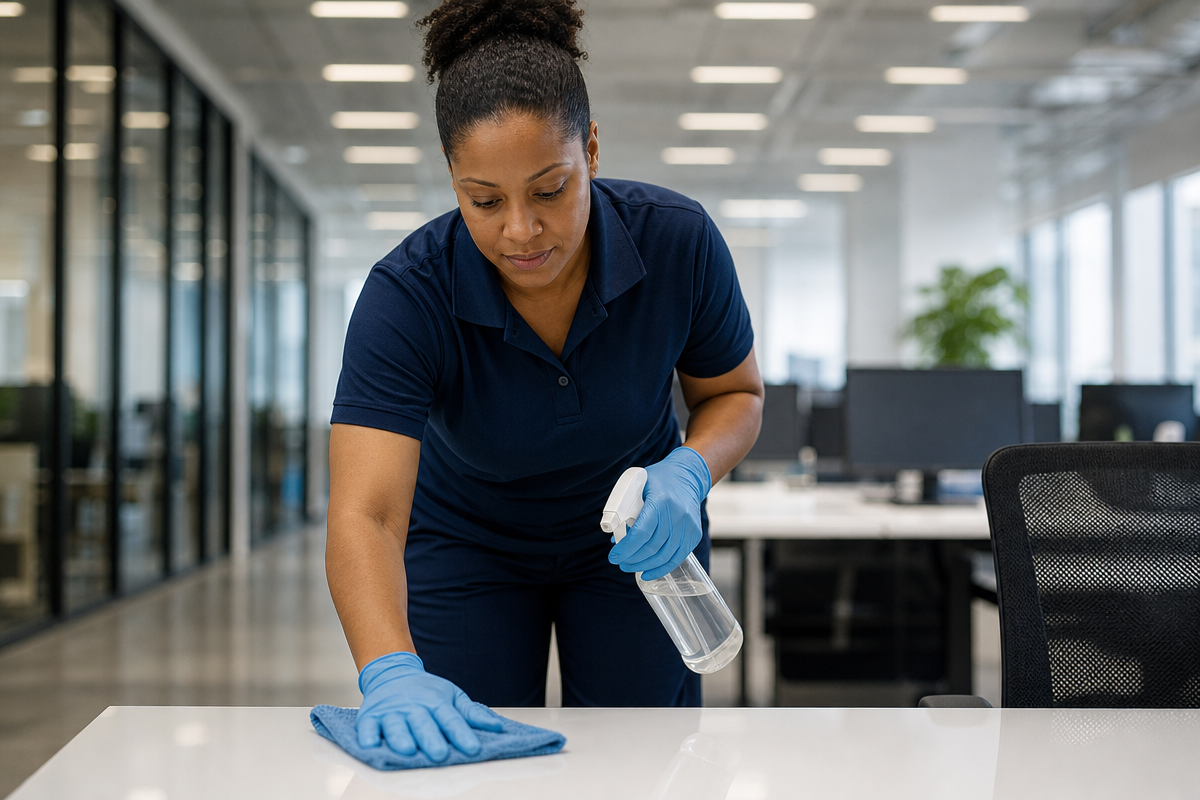 Professional cleaner maintaining a bright office facility