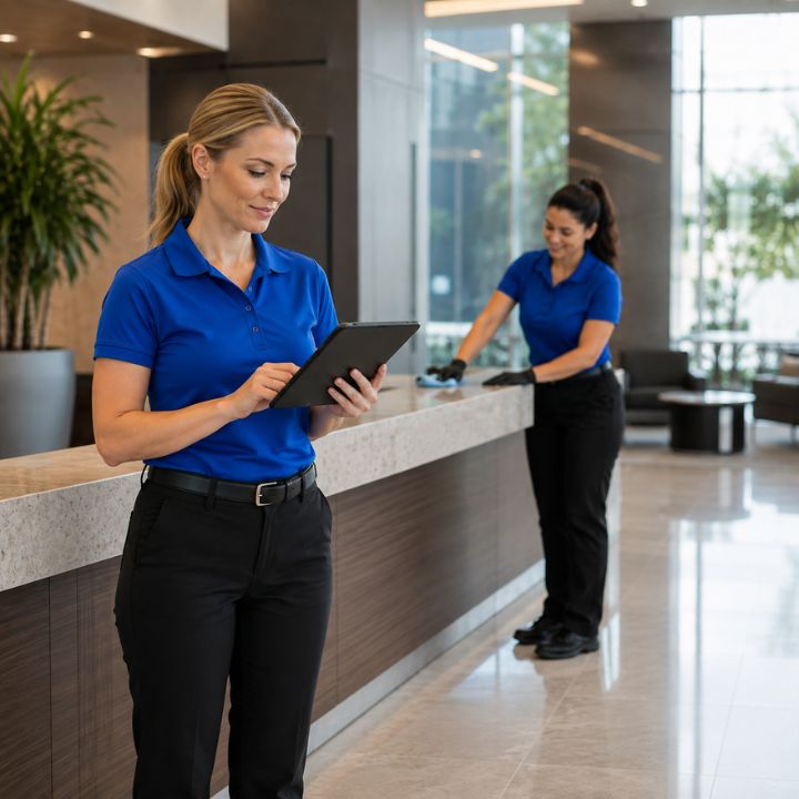 Cleaning professional reviewing a quality checklist in an office