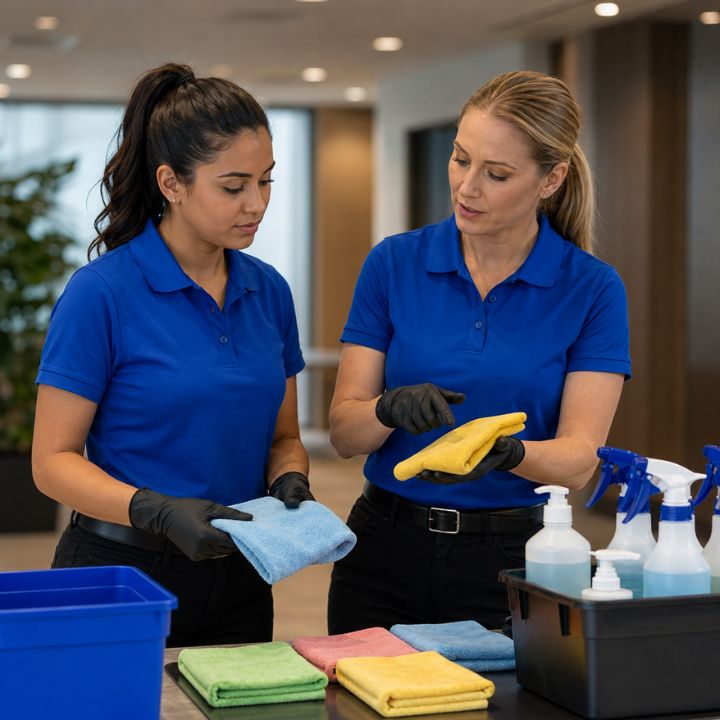 Professional cleaner maintaining a spotless office environment