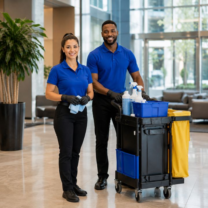 Professional cleaning team meeting with a facility manager